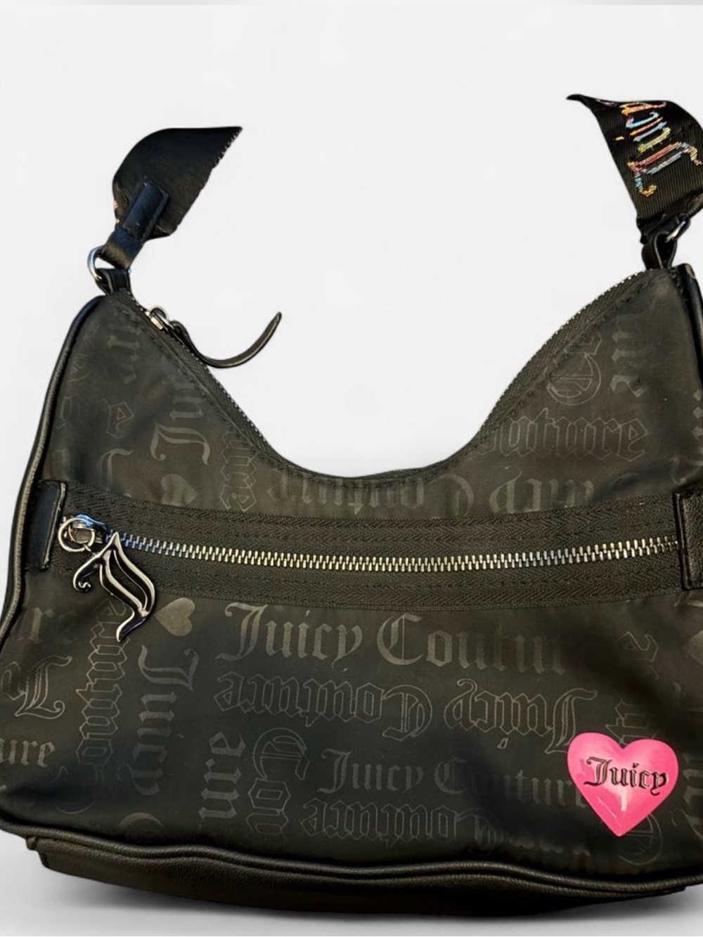 Juicy Couture Black Logo-Print Shoulder Bag with Pink Heart Patch